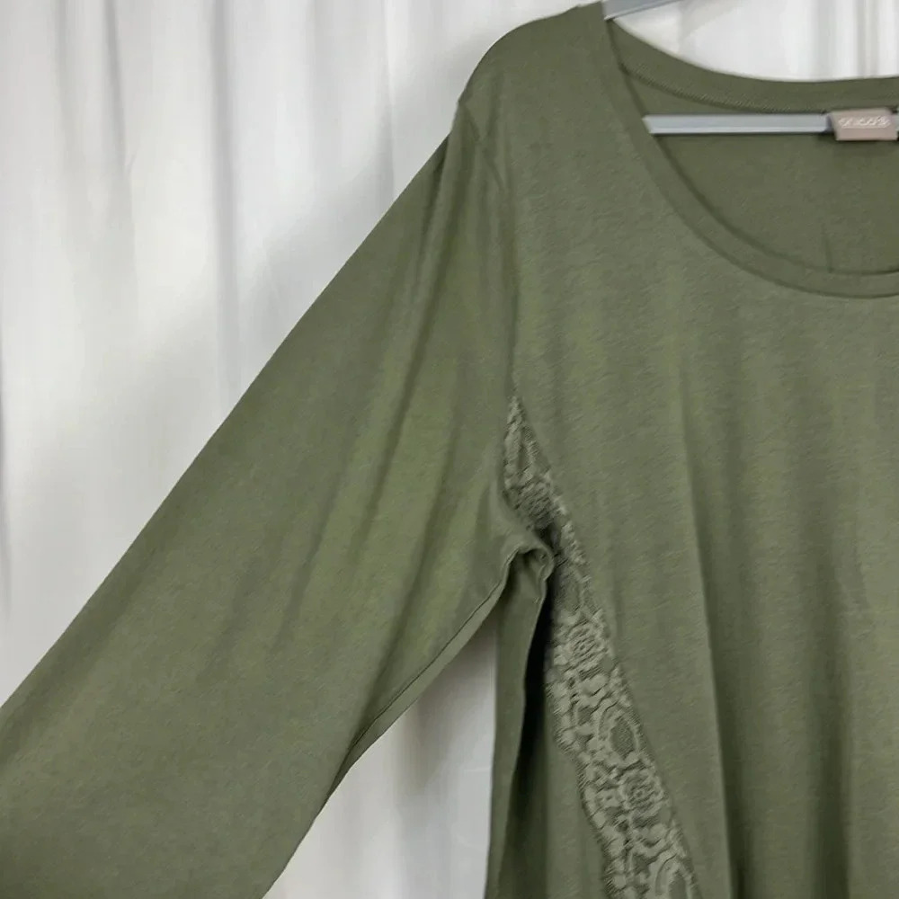 Chico’s NWOT Women’s US XL Lace Green 3/4 Sleeve High-low Hem Top - Picture 4 of 6